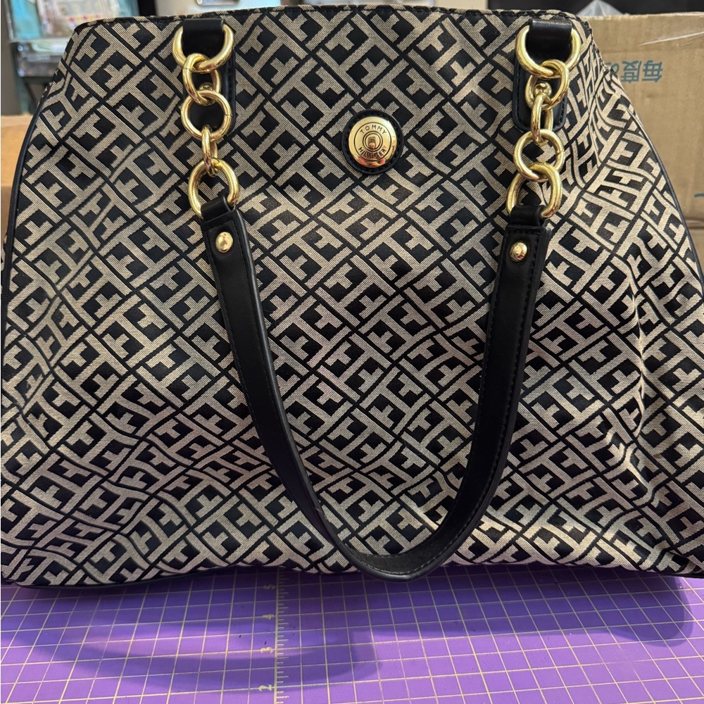 Tommy Hilfiger Black and Gold Tote with Geometric Pattern
